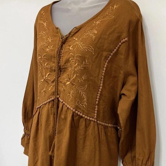 Burnt Orange Embroidered Linen-Blend,Babydoll, Boho Tunic/Peasant Blouse - Picture 4 of 8